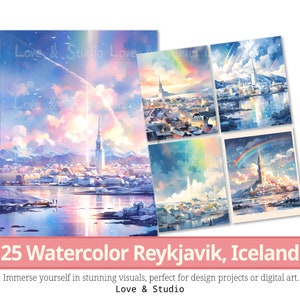 25 Reykjavik, Carta digitale Islanda, Clipart di bellezza naturale dell'acquerello, PNG paesaggio antico europeo, Uso commerciale, Download immediato.