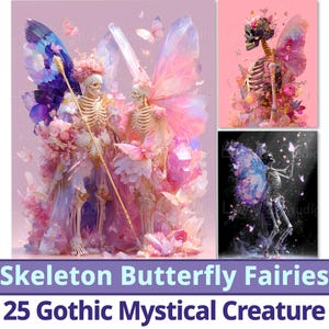25 Skelett Schmetterling Feen Digitales Papier, Printable Dark Fantasy, Halloween Decor Gothic mystische Kreatur Kulisse. Kommerzielle Nutzung