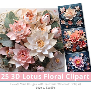 25 Carta digitale floreale 3D, Sfondo Medley di fiori di loto rosa, 20X20 pollici. Artigianato digitale, Scrapbooking, Sublimazione floreale, Uso commerciale