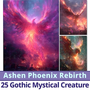 25 Dark Ashen Phoenix Rebirth digitaal papier, afdrukbare donkere fantasie, Halloween-decor. Gotische mystieke wezensachtergrond. Commercieel gebruik