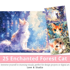 25 betoverde boskat digitaal papier, grillig katachtig digitaal papier, afdrukbare kitten aquarel, hoogwaardige PNG-bestanden, commercieel gebruik.