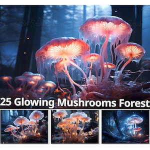 25 Leuchtende Pilz Wald Digital Papier, Verzauberter Fantasy Hintergrund. Overlay, Making Card, Journal, Wallpaper und Bucheinband. Gewerblich
