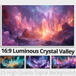 Sfondo digitale luminoso Crystal Valley 16:9. BG fantasy stampabile. 25 TV Samsung con cornice art. Sovrapposizione di Youtube. Sfondo. Uso commerciale