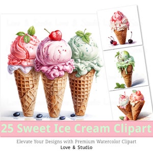 May include: Three watercolor illustrations of ice cream cones. The cones are filled with strawberry, pink, and green ice cream. The ice cream is topped with a strawberry, a cherry, and a mint leaf. The cones are sitting on a white background.