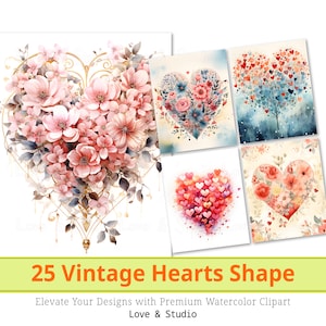 25 papel digital de buquê em formato de coração vintage. Clipart de forma de coração aquarela, padrão de fundo de amor e presente, álbum de recortes, uso comercial