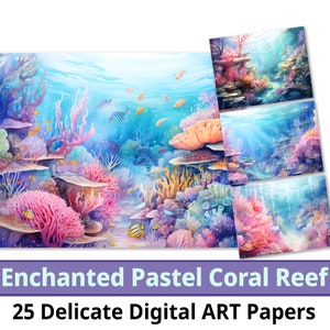 25 Enchanted Pastel Coral Reef digitaal papier, zachte pasteltint aquarel. Onder het zeebehang. Mooi fantasie-element. Commercieel gebruik