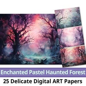 25 Papier numérique de forêt hantée pastel enchanté, aquarelle effrayante à teinte pastel douce. Papier artisanal. Bel élément fantastique. Un usage commercial