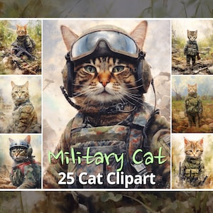 25 Clipart chat aquarelle, chat militaire. Chat soldat sur le champ de bataille. Art mural imprimable. Papier numérique JPG de haute qualité, utilisation commerciale