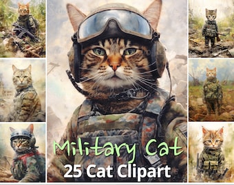 25 Watercolor Cat Clipart, Military Cat. Soldier Cat on the Battlefield. Printable Wall Art. High-Quality JPG Digital Paper, Commercial Use