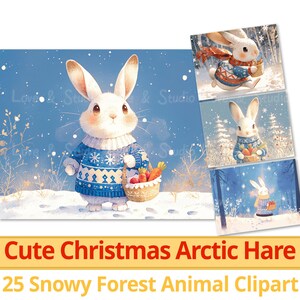 25 lindas imágenes prediseñadas de liebres árticas navideñas, papel digital de amigos del bosque nevado, magia invernal del bosque para niños, paquete de manualidades navideñas, uso comercial