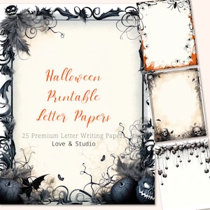 25 carta da lettera stampabile di Halloween, bordo pagina acquerello. Scrittura di lettere digitali, penna, carta artigianale di cancelleria. Uso commerciale