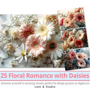 25 Blumen Romanze mit Gänseblümchen Digitales Papier, Kartendesign für Valentinstag Romantische Blume Clipart. Druckbare süße Liebesbrief, kommerzielle Nutzung