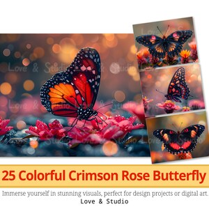 25 Bunter Crimson Rose Schmetterling Portrait Digital Papier, druckbare realistische Lepidoptera Clipart, hochwertige PNG, kommerzielle Nutzung