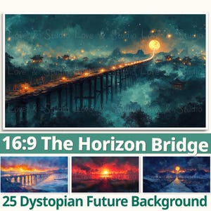 16:9. De digitale achtergrond Horizon Bridge. 25 dystopische toekomst-clipart. Samsung Frame TV Art. YouTube-overlay, achtergrond. Commercieel gebruik