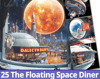 25 The Floating Space Diner Digital Paper, Vintage Space Exploration Clipart, Printable Retro Spacecraft, The Astronaut, Commercial use
