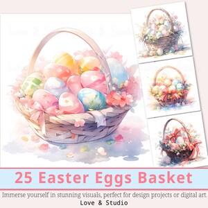 25 paaseieren mand clipart, afdrukbare kleurrijke verrukking aquarel. Pastel Spring digitaal papier, PNG van hoge kwaliteit, commercieel gebruik