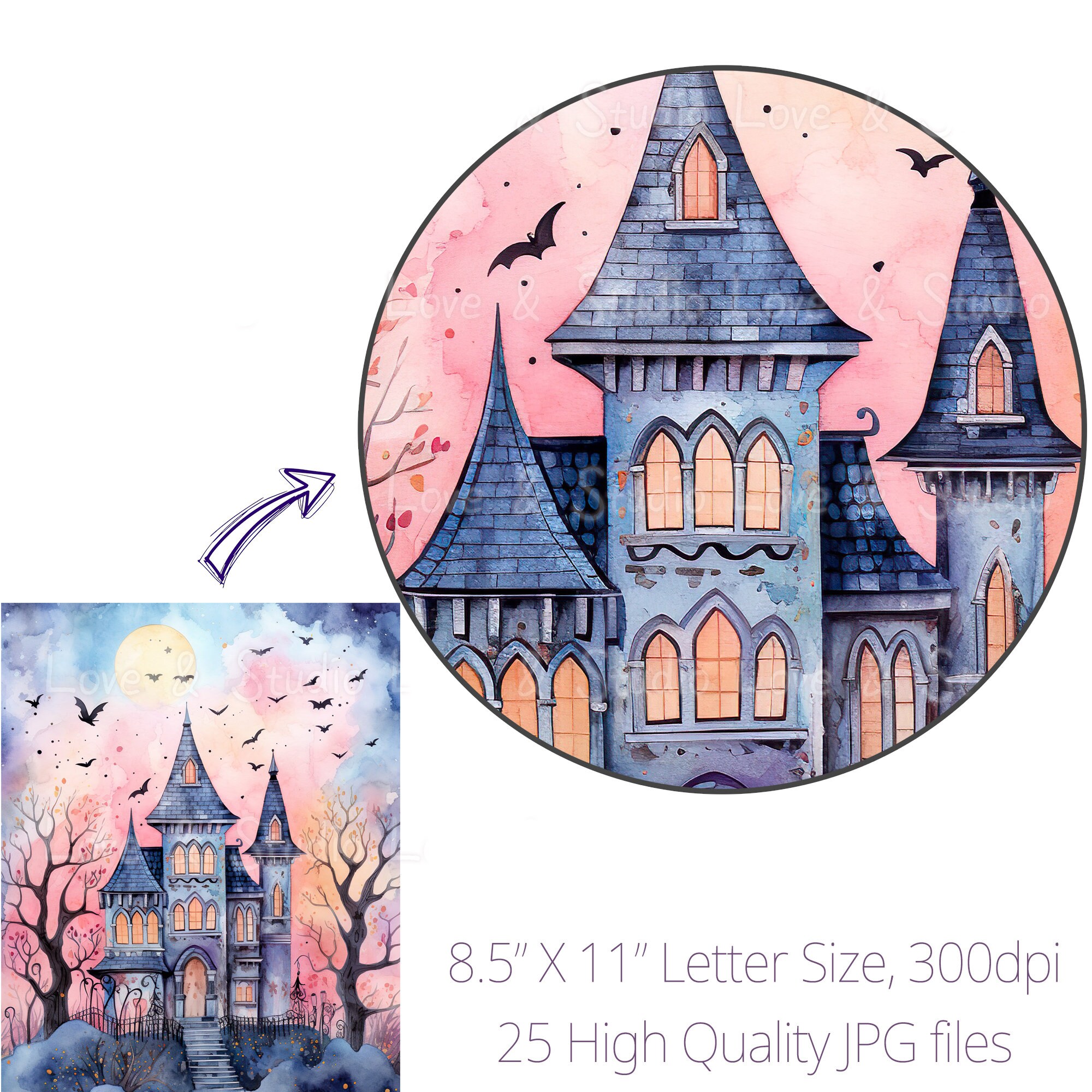 25 Pastel Haunted House Digital Paper, Soft Pastel Shade Watercolor