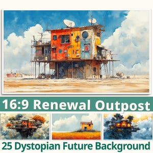 以下が含まれることがあります： 屋根に衛星アンテナがついた、未来的な多色使いの建物を描いた水彩画。建物は杭の上に建っており、砂漠の風景の中に建っているように見える。画像の上部には「16:9 Renewal Outpost」というテキストが書かれている。画像の下部には「25 Dystopian Future Background」というテキストが書かれている。
