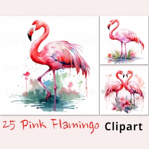25 Pink Flamingo Watercolor Clipart, Tropical Birds with Flowers, High Quality JPG, Commercial Use, Paper craft, Junk Journal, Scrapbooking