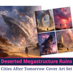 May include: A collection of digital art prints featuring a post-apocalyptic landscape with futuristic megastructures and solitary figures. The artwork showcases a desert environment with a large, dark, metallic structure in the sky. The text reads "Deserted Megastructure Ruins" and "Cities After Tomorrow Cover Art Set."