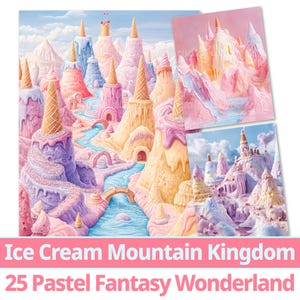 25 Ice Cream Mountain Kingdom digitaal papier. Magische pastelkleurige Dreamscape-collectie. Fantasy Wonderland voor kleine dromers, commercieel gebruik
