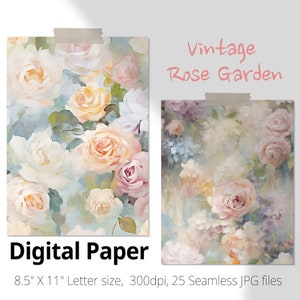 25 Vintage Rose Garden Floral Seamless Pattern, pintura al óleo impresionista papel tamaño carta digital, rosas, hortensias y molineros polvorientos