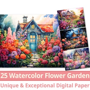 25 akwarelowych kwiatów dom ogród cyfrowy papier, Bloom Yard Scene Clipart, tworzenie karty, dziennik, tapeta, zastosowanie komercyjne,