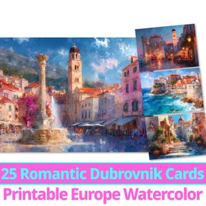 25 Dubrovnik, Croácia, Papel Digital para Postais, Clipart de Marcos em Aquarela, Pacote de Cartões Românticos de Cidades Europeias para Imprimir, Uso Comercial