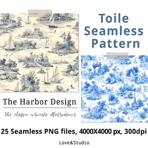 25 Motif sans couture toile The Harbour, papier numérique Scènes de campagne. Fond en céramique bleue chinoise. Toile de Jouy, usage commercial
