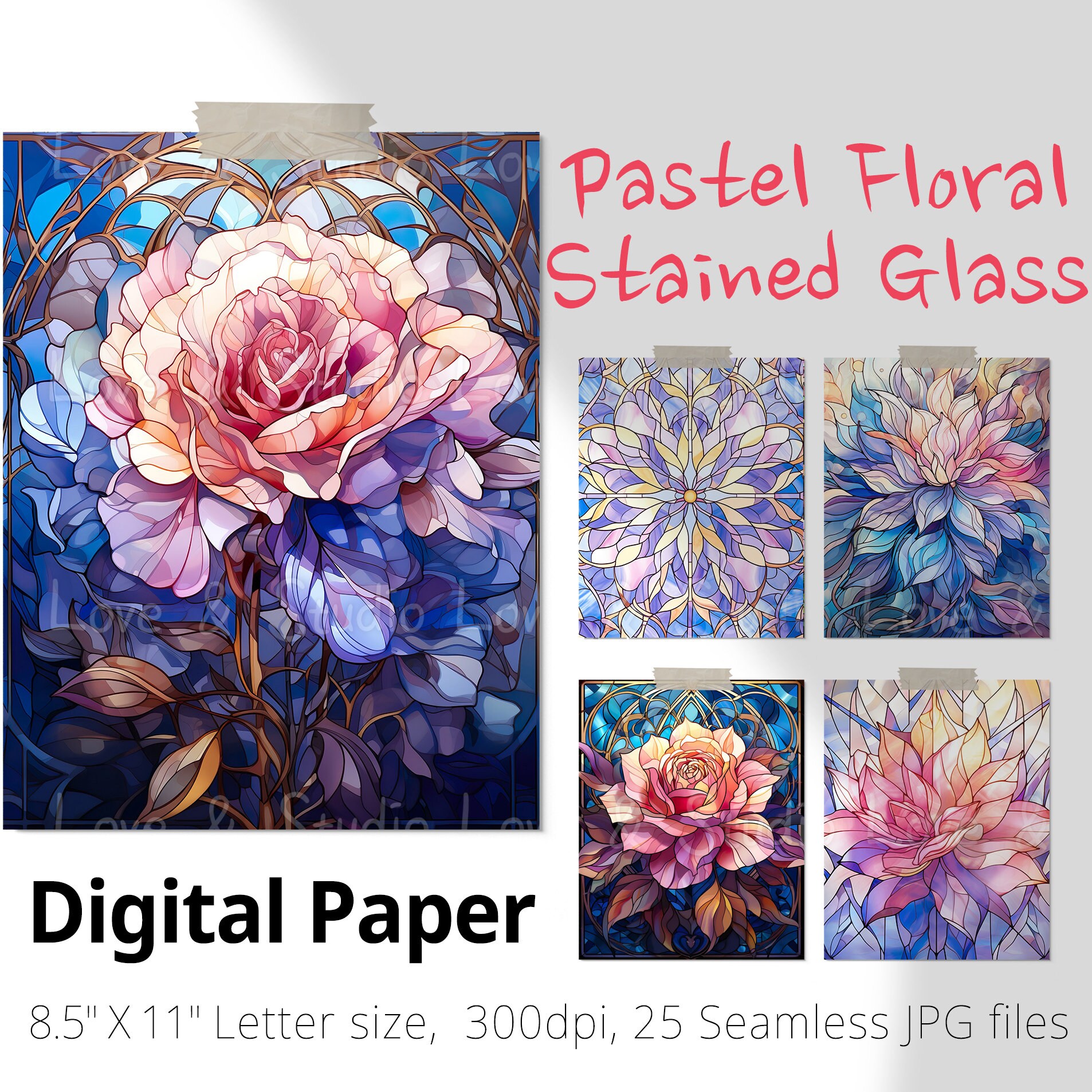 25 Pastel Floral Stained Glass Digital Paper.Abstract Background,  Faux Stained Glass Pattern. Sublimation Design, Commercial use