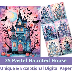 25 Pastel Haunted House Digital Paper, Soft Pastel Shade Watercolor. Nietoperz, Duch. Papier rzemieślniczy. Element fantasy. Zastosowanie komercyjne
