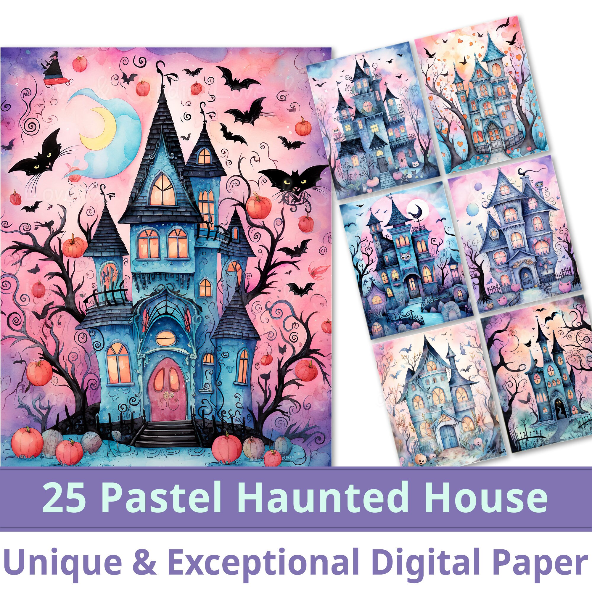 25 Pastel Haunted House Digital Paper, Soft Pastel Shade Watercolor