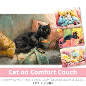 25 chat sur le canapé confort papier numérique, belle aquarelle Fellin, imprimable chat noir paresseux, chat blanc, journalisation, papier peint, usage commercial