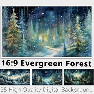 16:9 Fond numérique de forêt à feuilles persistantes. 25 Téléviseur à cadre Samsung Art. Superposition Youtube. Fond d'écran du bureau. Clipart fantastique. Un usage commercial