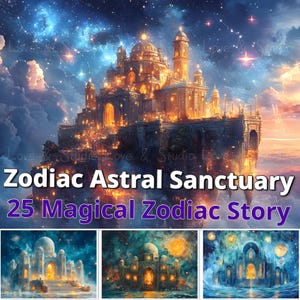 25 Papier numérique du zodiaque du sanctuaire astral, histoire du zodiaque magique. Arrière-plan fantastique, Paysage cosmique, Amateur d'astrologie, Utilisation commerciale