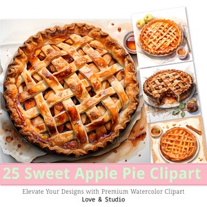 25 Sweet Apple Pie Watercolor Clipart, Spiced Apple Bliss Printable Digital Paper, Colorful Tasty Treats, Commercial use