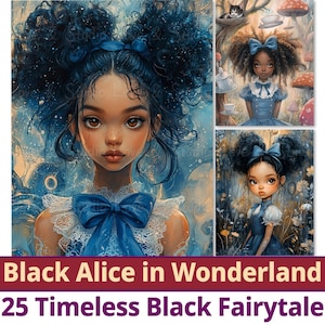 Papel digital negro de Alicia en el País de las Maravillas, cuentos de hadas negros atemporales, imprimible afroamericano, princesas mágicas de melanina, uso comercial.