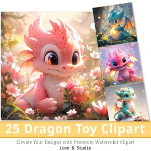 25 Baby Dragon Toy Clipart, 3D Cute Animal Graphic, kleurrijke illustratie voor kinderen, commercieel gebruik, INSTANT Download.