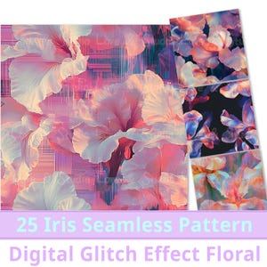 25 Glitch Iris Seamless Pattern, Modern Twist Floral Digital Paper. Elegante sfondo floreale futuristico, texture botanica, uso commerciale