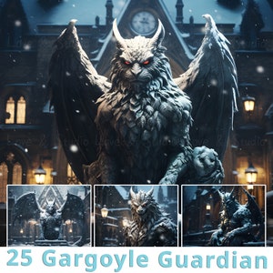 25 The Stone Gargoyle Guardian in Snowstorm Digital Paper, Amazing Fantasy Creature.  Making a Card, Journal, Wallpaper, and Book Cover.
