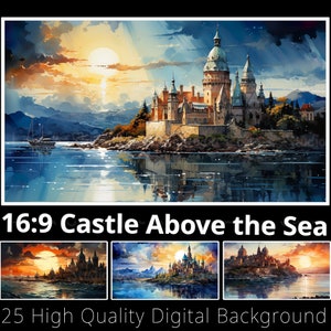 Könnte beinhalten: Ein digitales Gemälde einer Burg auf einer felsigen Insel mit einer strahlenden Sonne am Himmel. Die Burg spiegelt sich im Wasser darunter wider. Das Bild trägt den Titel "16:9 Burg über dem Meer" und ist Teil eines Sets von 25 hochwertigen digitalen Hintergründen.