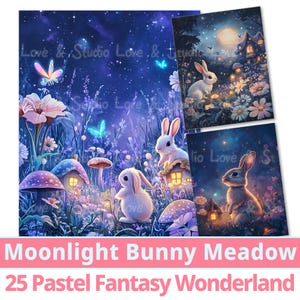 Papel digital "25 Moonlight Bunny Meadow". Colección de paisajes oníricos en tonos pastel. Fantasía para pequeños soñadores. Uso comercial.