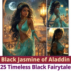 25 papier numérique jasmin d'Aladin noir, contes de fées noirs intemporels, imprimables afro-américains, princesses magiques mélanine, usage commercial