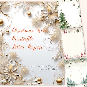 Papel de carta imprimible con 25 árboles de Navidad, borde de página de Navidad en acuarela. Escritura de cartas digitales, papel artesanal de papelería. Uso comercial