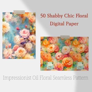50 Shabby Chic Floral Seamless Pattern, Impressionist Oil Painting Digital Paper, 8.5 X 11 Letter size, Vintage Vibrant Color Background