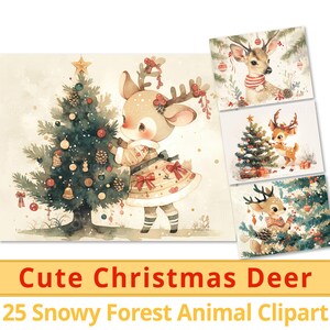 25 lindos ciervos navideños, papel digital de amigos del bosque nevado, magia invernal del bosque para niños, paquete de manualidades navideñas, uso comercial