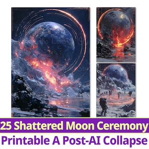 25 The Shattered Moon Ceremony Digitaal papier, afdrukbare post-AI World-achtergrond, Eclipse Chronicles, Sci-Fi-achtergrond. Commercieel gebruik