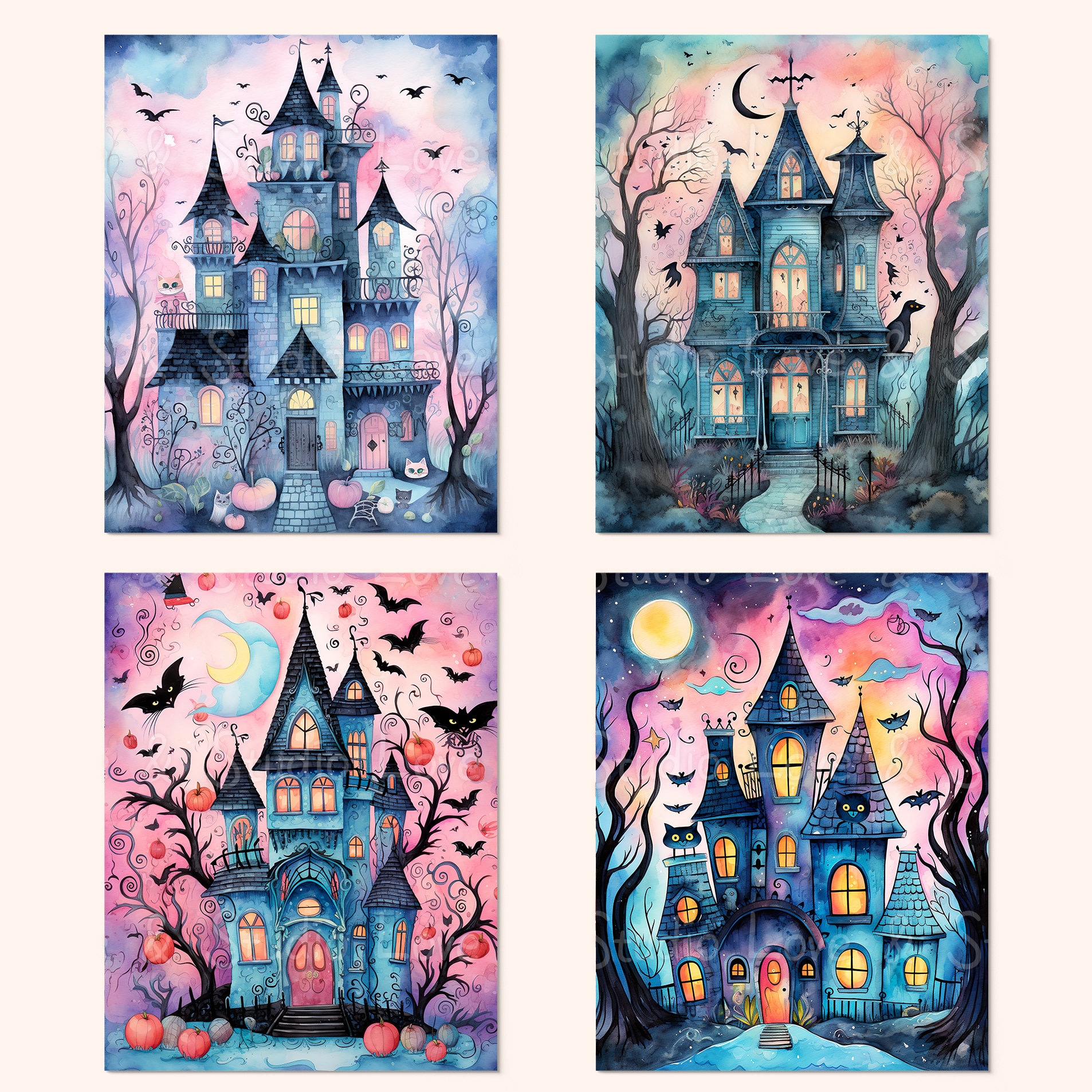 25 Pastel Haunted House Digital Paper, Soft Pastel Shade Watercolor