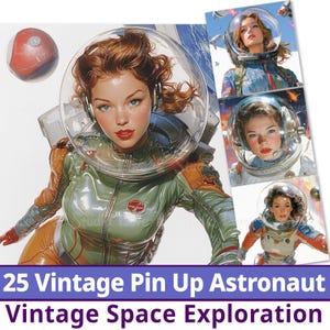 25 papeles digitales de astronautas pin up vintage, imágenes prediseñadas de exploración espacial vintage, naves espaciales retro imprimibles, el astronauta, uso comercial