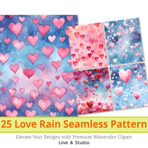 25 padrão sem emenda de chuva de amor. Clipart de gotas de chuva em forma de coração em aquarela, padrão de fundo de amor e presente, álbum de recortes, uso comercial